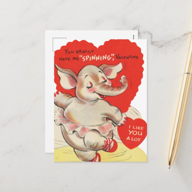 Cute spinning elephant Valentine retro vintage Holiday Postcard (Front/Back In Situ)