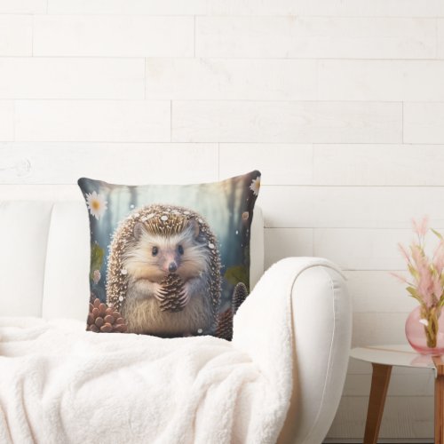  cute spiny hedgehog in the forest with cones throw pillow