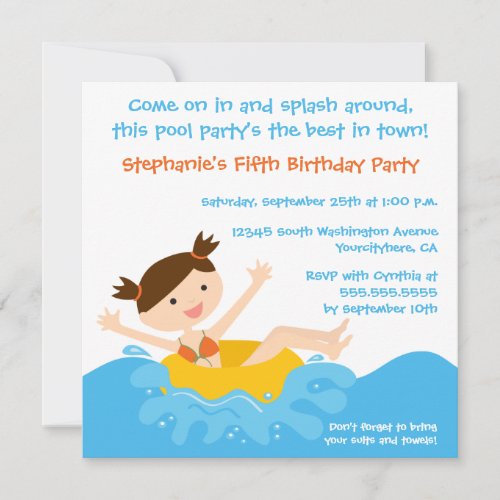 Cute splash girl's pool party birthday invitation