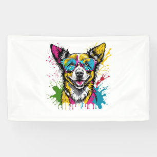 Cute Splashed Colorful Dog Wearing Sunglasses For Banner