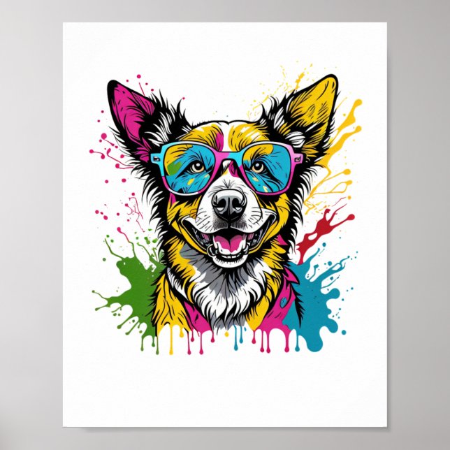 Cute Splashed Colorful Dog Wearing Sunglasses For  Poster (Front)