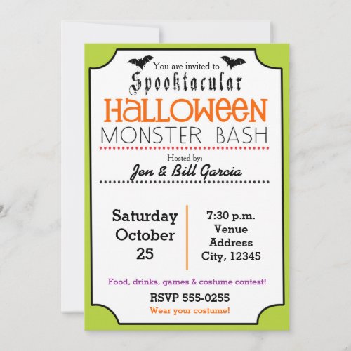 Cute Spooktacular Halloween Party Green Invitation