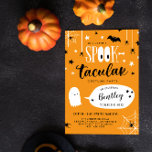 Cute Spooktacular Kids Halloween Birthday Invitation<br><div class="desc">Cute Halloween birthday party invitation with Spooktacular written in a combination of fun fonts, the double o's in spook designed to look like large eyes. The text is surrounded by stars, spiders, and a bat. And a cute ghost tells your guests the birthday child's name and age. The back features...</div>