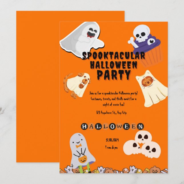 Cute spooktacular orange ghost Halloween party Invitation (Front/Back)
