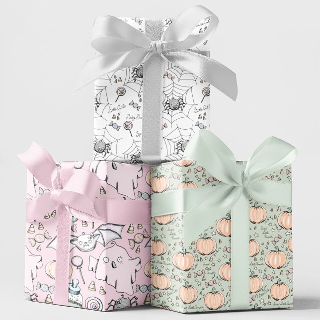 Cute Spooky Baby Halloween October Birthday Wrapping Paper Sheets (Cute October Birthday Halloween Kids Gift Wrap. Cute Baby Ghosts, Bats, Pumpkins & Spiders & Candy.)
