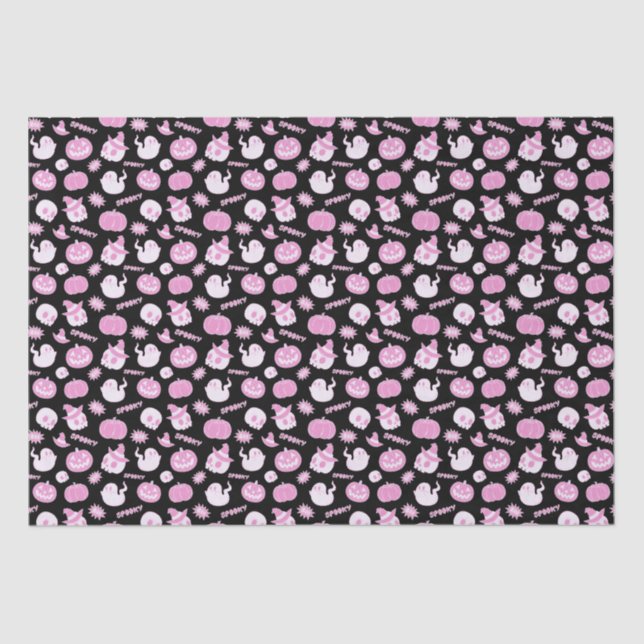 Cute Spooky Black and Pink Halloween Pattern Tissue Paper (Front)