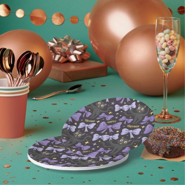 Cute Spooky Black Cat & Bow Seamless Halloween Paper Plates (Multi)