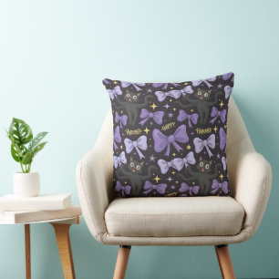 Cute Spooky Black Cat & Bow Seamless Halloween Throw Pillow
