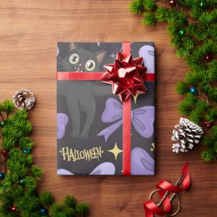 Cute Spooky Black Cat & Bow Seamless Halloween Wrapping Paper