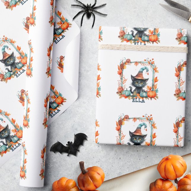 Cute Spooky Black Cat Witch Hat Pumpkin Halloween Wrapping Paper (Creator Uploaded)