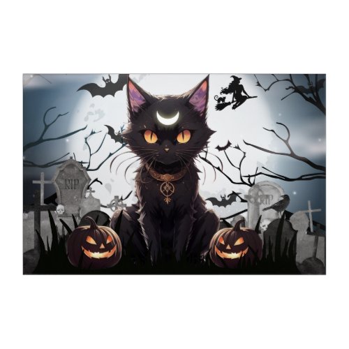 Cute Spooky Black Cat with moon Acrylic Print