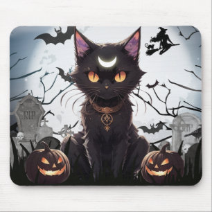 Cute Spooky Black Cat with moon. Mouse Pad