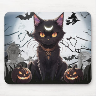Cute Spooky Black Cat with moon. Mouse Pad