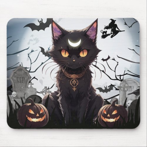 Cute Spooky Black Cat with moon Mouse Pad