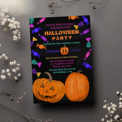 Cute Spooky Black Jack Olantern Candy Halloween Invitation