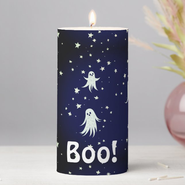 Cute Spooky Boo Ghosts Halloween Starry Night  Pillar Candle (In Situ)