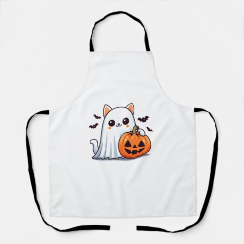 Cute Spooky Cat Ghost Pumpkin Halloween Fall Costu Apron