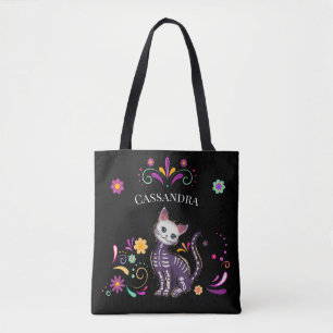 Cute Spooky Cat with Colorful Flowers Tote Bag