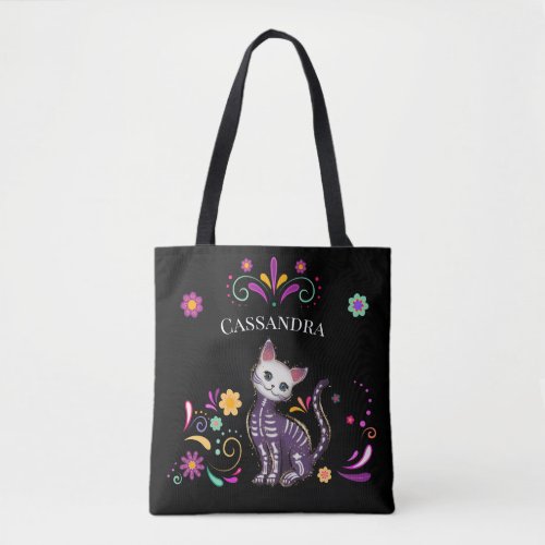 Cute Spooky Cat with Colorful Flowers  Tote Bag