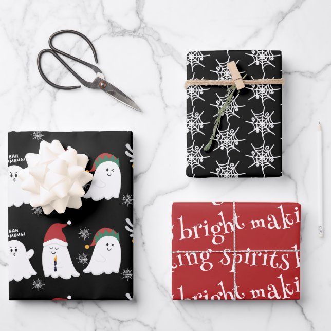 Cute Spooky Christmas Ghost Wrapping Paper Sheets (Front)