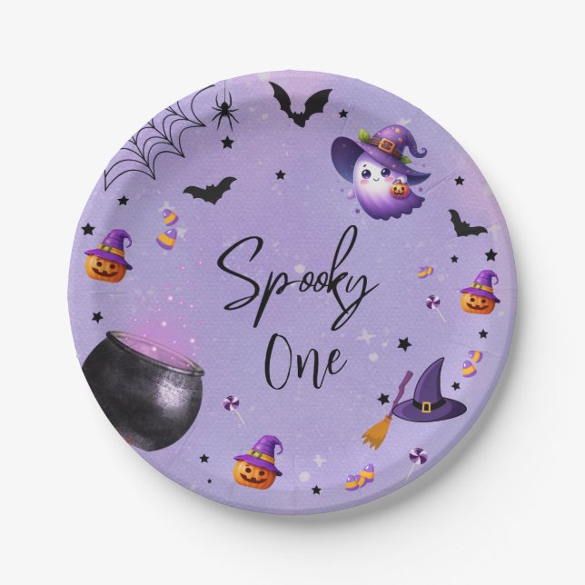 Cute Spooky First Birthday Halloween Party Purple Paper Plates (Front)