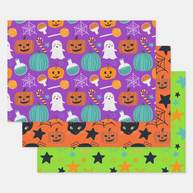 Cute Spooky Fun Halloween Pattern for kids Wrapping Paper Sheets (Set)