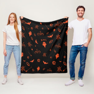 Cute Spooky Ghost Black Orange Halloween Fleece Blanket