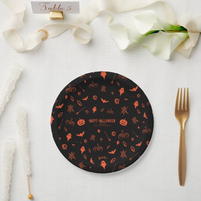 Cute Spooky Ghost Black Orange Halloween Paper Plates (Wedding)