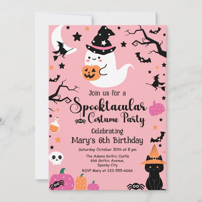 Cute& Spooky Ghost Pink Halloween Birthday Party Invitation (Front)