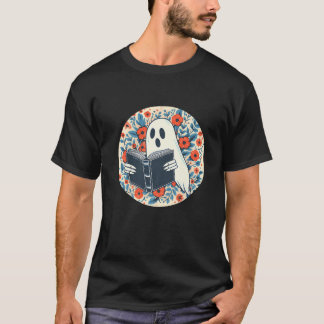 Cute Spooky Ghost Reading Book Retro Orange Floral T-Shirt
