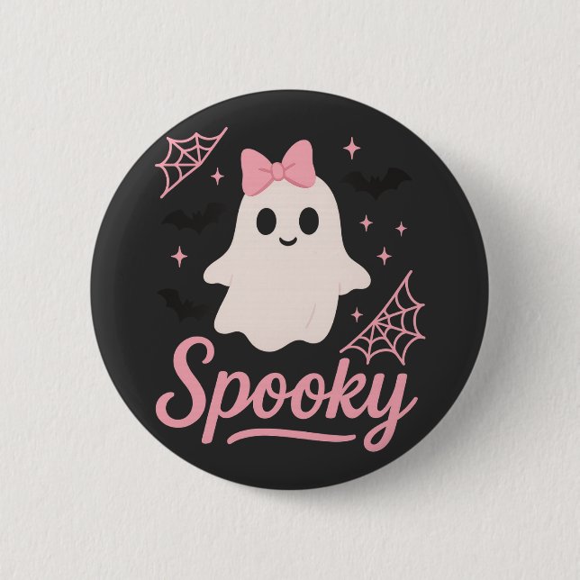 Cute Spooky Ghost with Pink Bow Kawaii Halloween Button (Front)