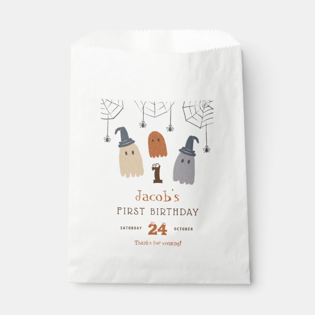 Cute Spooky Ghosts and Spiders First Birthday Favor Bag (Front)