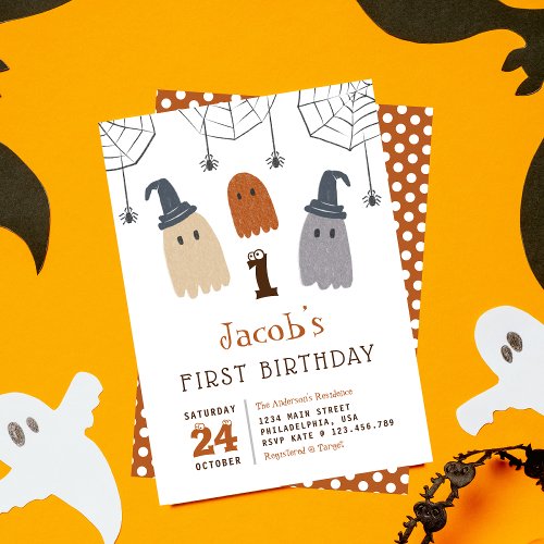 Cute Spooky Ghosts and Spiders First Birthday Invi Invitation