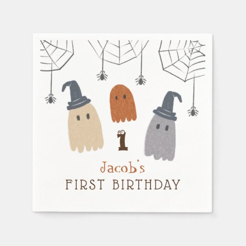 Cute Spooky Ghosts and Spiders First Birthday Napkins