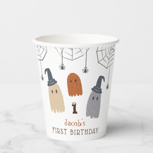 Cute Spooky Ghosts and Spiders First Birthday Paper Cups