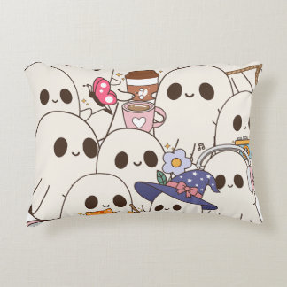 Cute Spooky Ghosts Coffee & Cat Autumn Accent Pillow