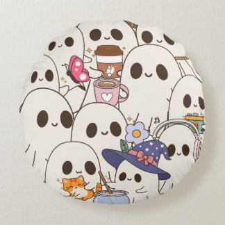 Cute Spooky Ghosts Coffee & Cat Autumn Round Pillow