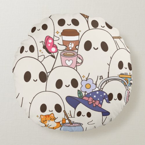 Cute Spooky Ghosts Coffee & Cat Autumn Round Pillow