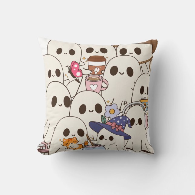 Cute Spooky Ghosts Coffee & Cat Autumn Throw Pillow (Front)