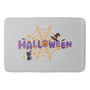 Cute Spooky Halloween Black Cat & Spider Web Bath Mat