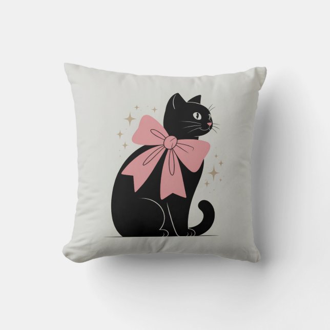 Cute Spooky Halloween Black Cat with Bow Throw Pillow (Front)
