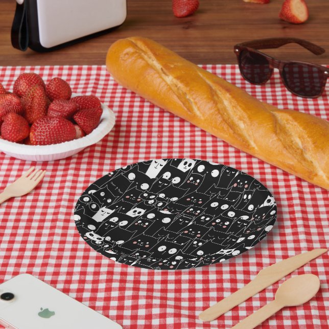 Cute Spooky Halloween Black White Cartoon Animal Paper Plates (Picnic)