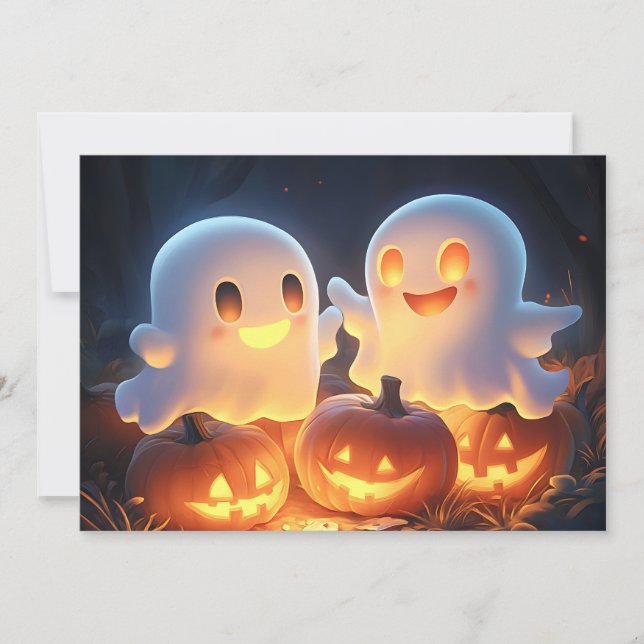 Cute Spooky Halloween Cartoon Ghosts Glowing Pumpk Holiday Card (Front)