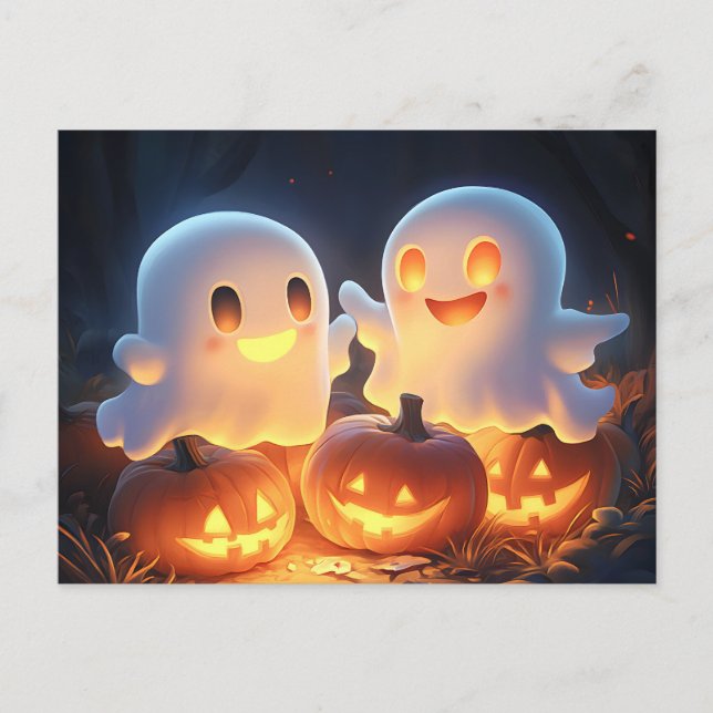 Cute Spooky Halloween Cartoon Ghosts Glowing Pumpk Holiday Postcard (Front)