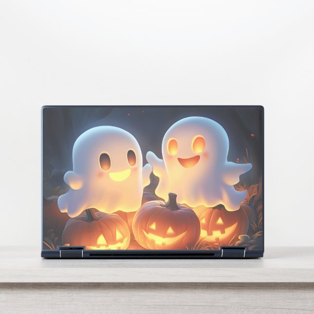 Cute Spooky Halloween Cartoon Ghosts Glowing Pumpk HP Laptop Skin (Front)