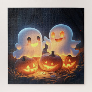 Cute Spooky Halloween Cartoon Ghosts Glowing Pumpk Jigsaw Puzzle