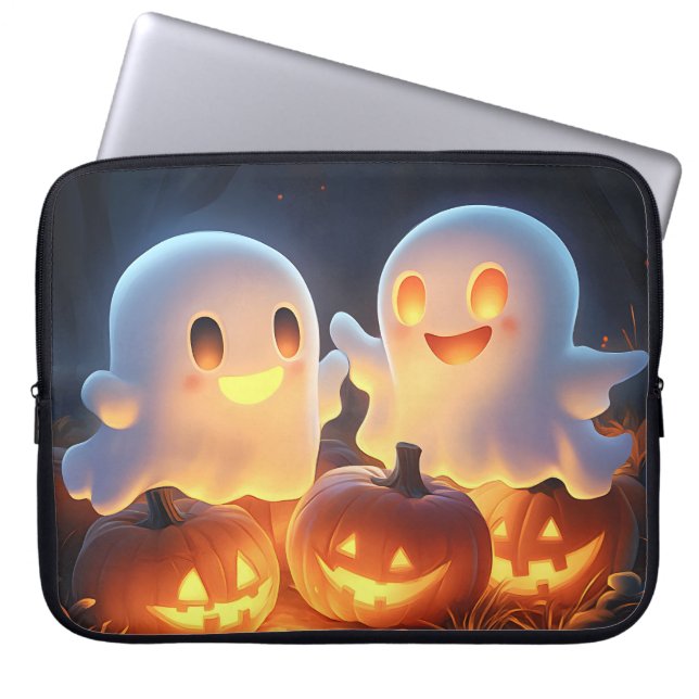 Cute Spooky Halloween Cartoon Ghosts Glowing Pumpk Laptop Sleeve (Front)