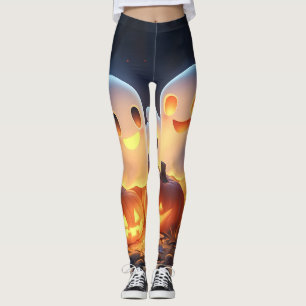 Cute Spooky Halloween Cartoon Ghosts Glowing Pumpk Leggings