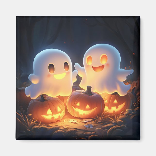 Cute Spooky Halloween Cartoon Ghosts Glowing Pumpk Magnet (Front)