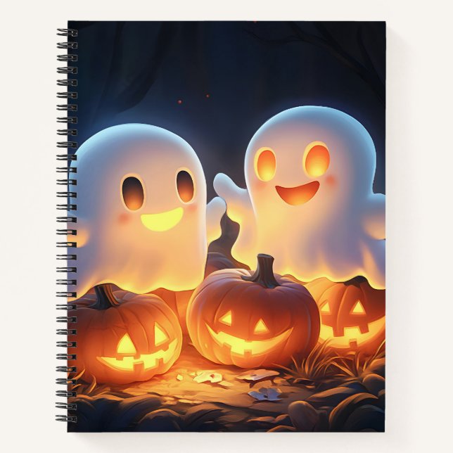Cute Spooky Halloween Cartoon Ghosts Glowing Pumpk Notebook (Front)